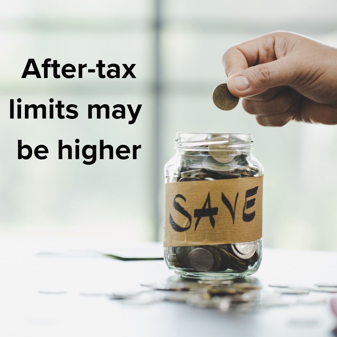 Title 'After-tax limits may be higher' on the upper-left. A hand is dropping a coin into a glass jar labeled 'SAVE.'