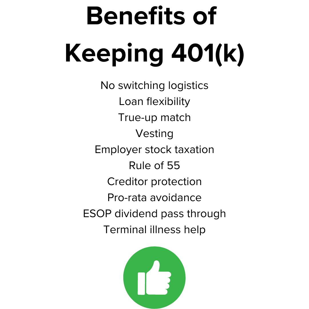 Title 'Benefits of Keeping 401(k)' on top. Below it are ten benefits and a green thumb up graphic.