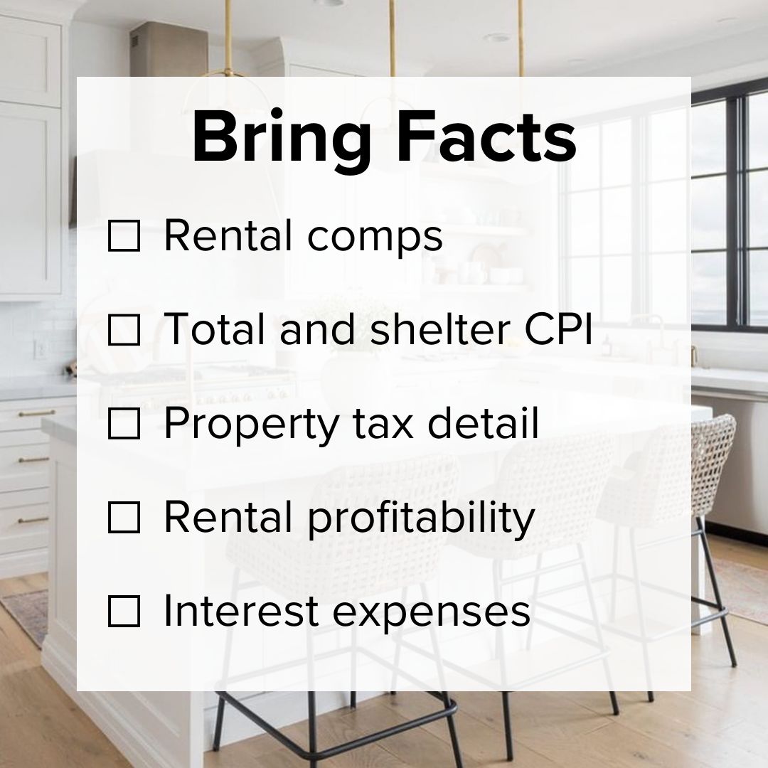 Title 'Bring Facts' on the top. It's a five-item checklist with: Rental comps, Total and shelter CPI, Property tax detail, Rental profitability, and Interest expenses. The background is a kitchen in a well-lit home.