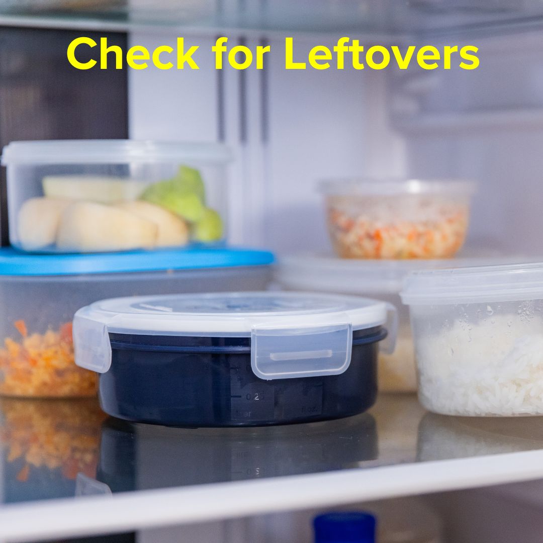 Title 'Check for Leftovers' in yellow on top. Photo of a refrigerator with several containers of leftovers.