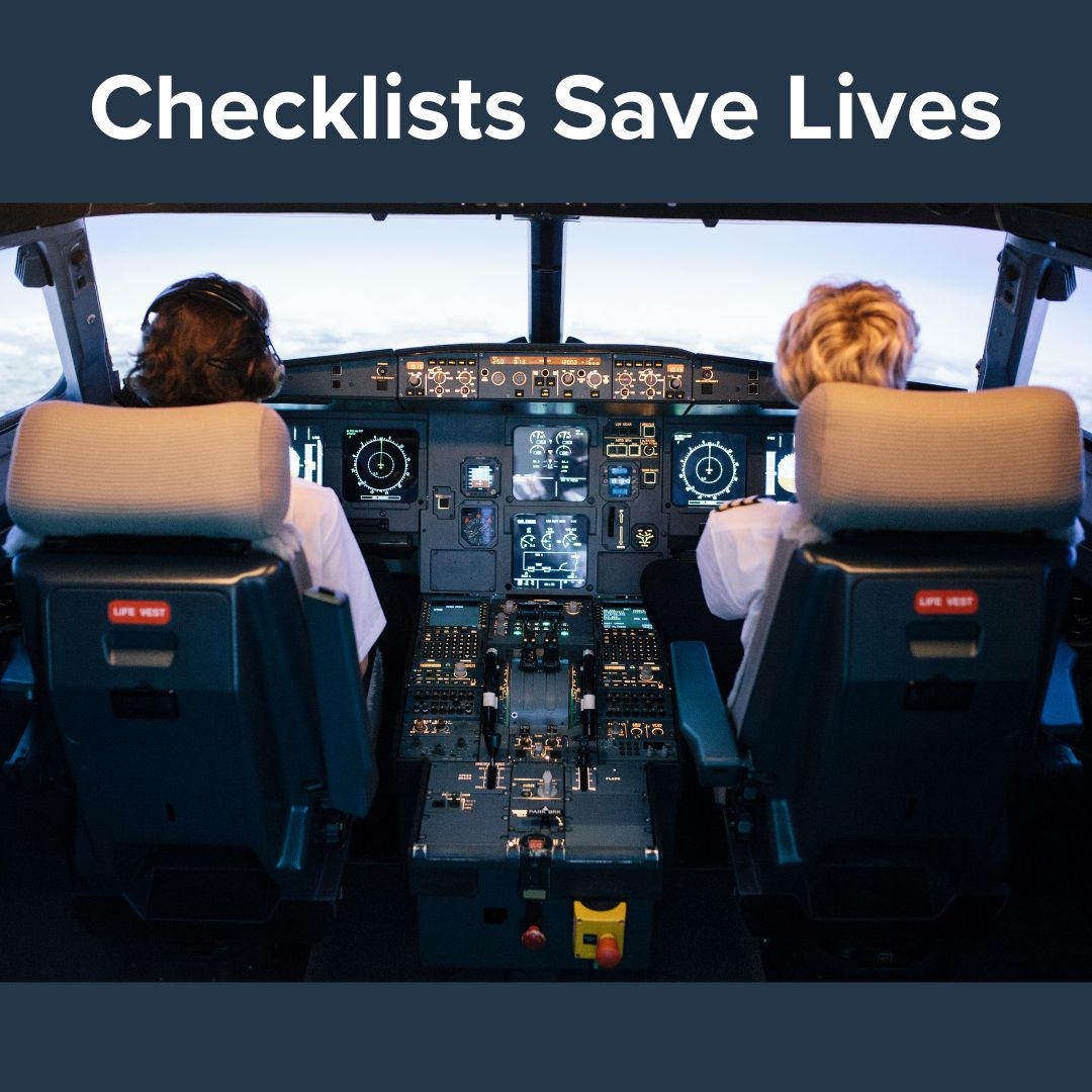 Title Checklists Save Lives. Image of two female pilots in the cockpit of a large airplane flying on a sunny day.