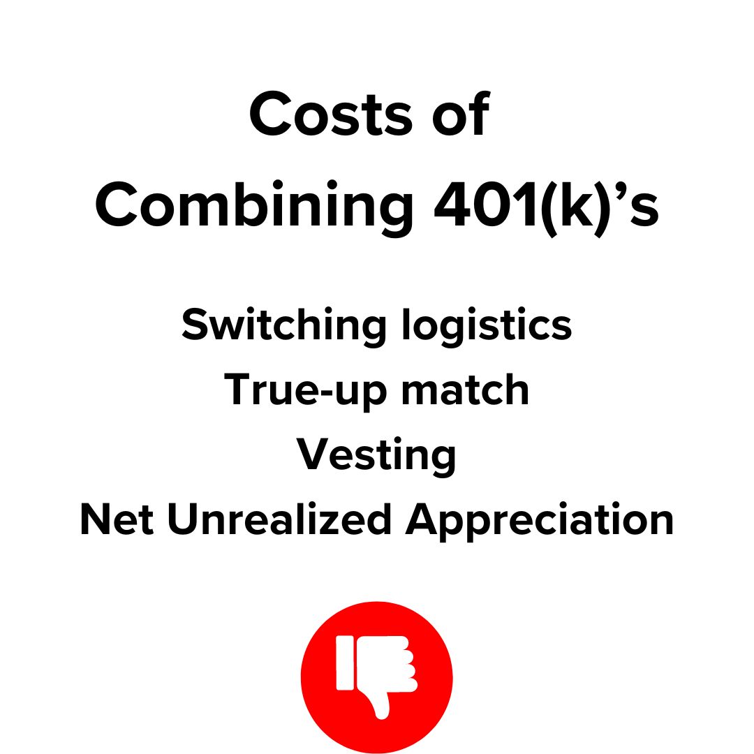 Title 'Costs of Combining 401(k)'s' on top. Below it are: Switching logistics, True-up match, Vesting, and Net Unrealized Appreciation. Below that is a red thumb down graphic.