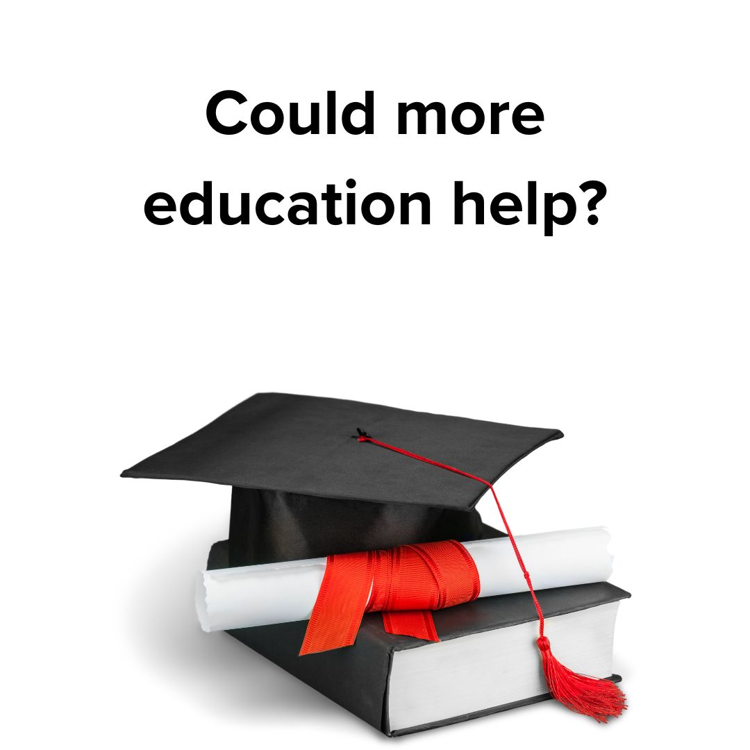 Title 'Could more education help?' on top. Photo of a mortar board with a red tassel and diploma wrapped in a red ribbon resting on a black book.