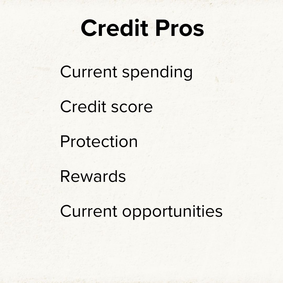 Title 'Credit Pros' on top. Below it are: Current spending, Credit score, Protection, Rewards, and Current opportunities.