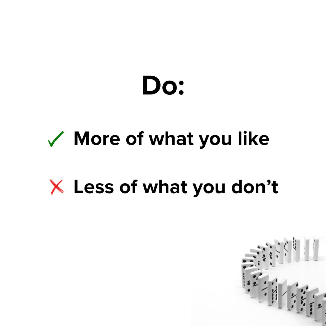 Title 'Do:' on top. Below it is a green checkmark next to 'More of what you like' and a red X 'Less of what you don't.' A photo of dominos standing up in a snake-like formation is in the lower right.