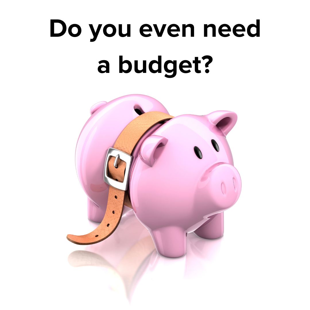 A pink piggy bank being squeezed in the middle by a belt. Black text at the top says 'Do you even need a budget?' on a white background.