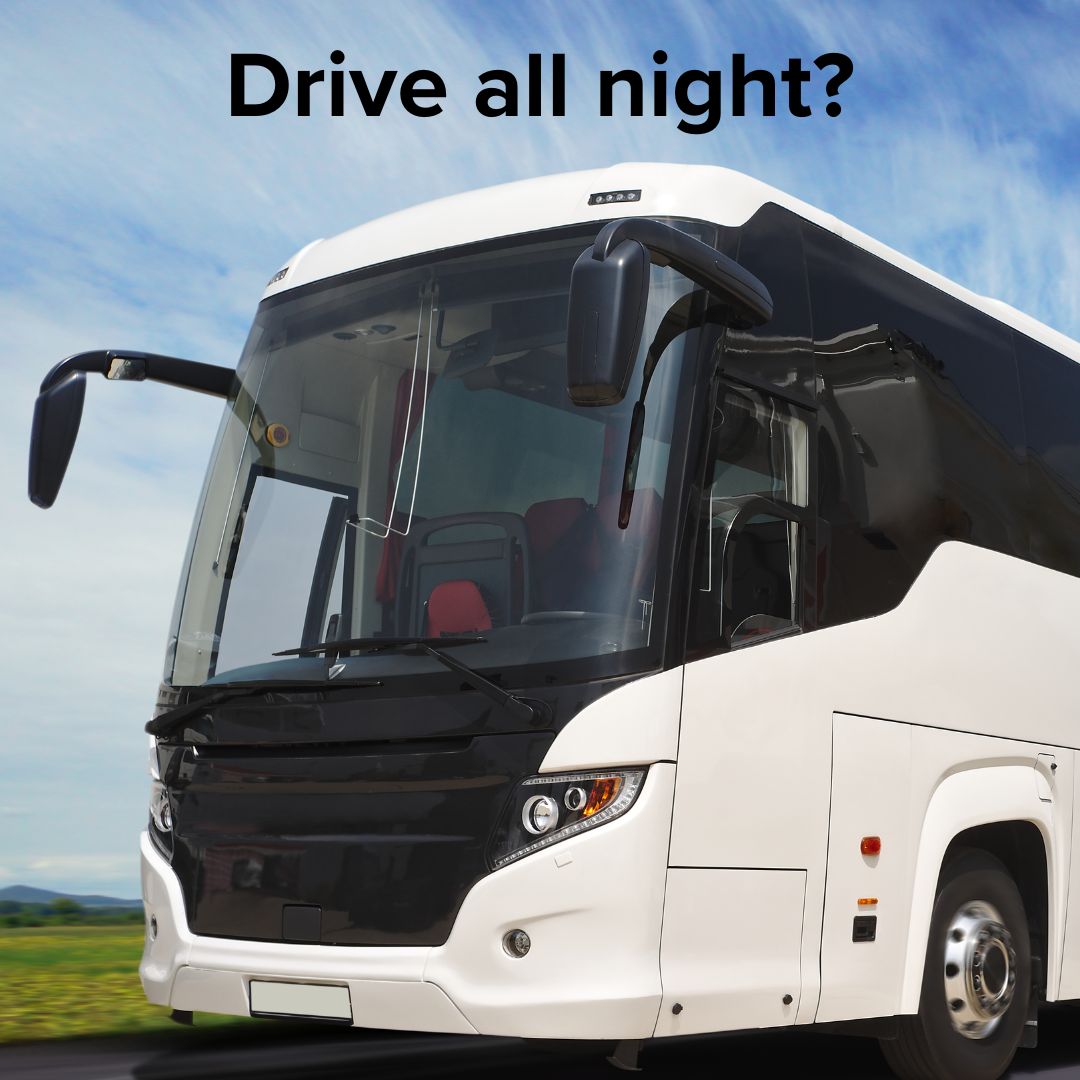 Title 'Drive all night?' on top. It's a photo of a white sightseeing bus in what appears to be the middle of nowhere on a sunny day.
