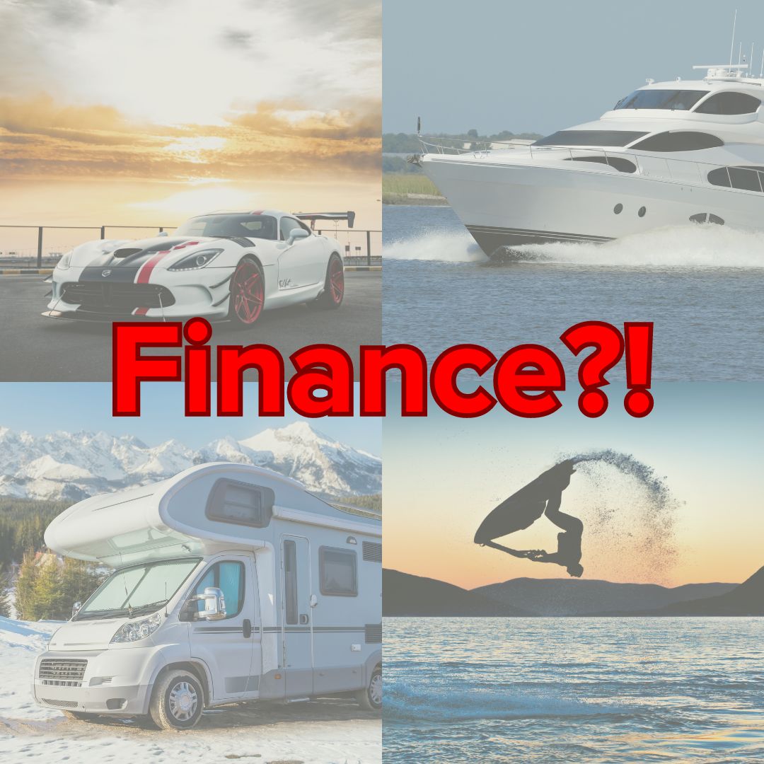Four images in the background: a sports car in front of a cliff, a yacht plowing through the water, an RV on a snowy mountain, and a jet ski doing a backflip at sunset. The word Finance?! is written in red text with black outline.