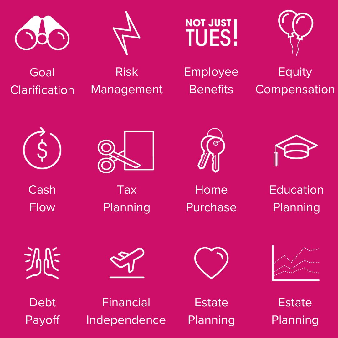 Magenta background. White illustrations. Goal Clarification, Risk Management, Employee Benefits, Equity Compensation, Cash Flow, Tax Planning, Home Purchase, Education Planning, Debt Payoff, Financial Independence, Estate Planning...