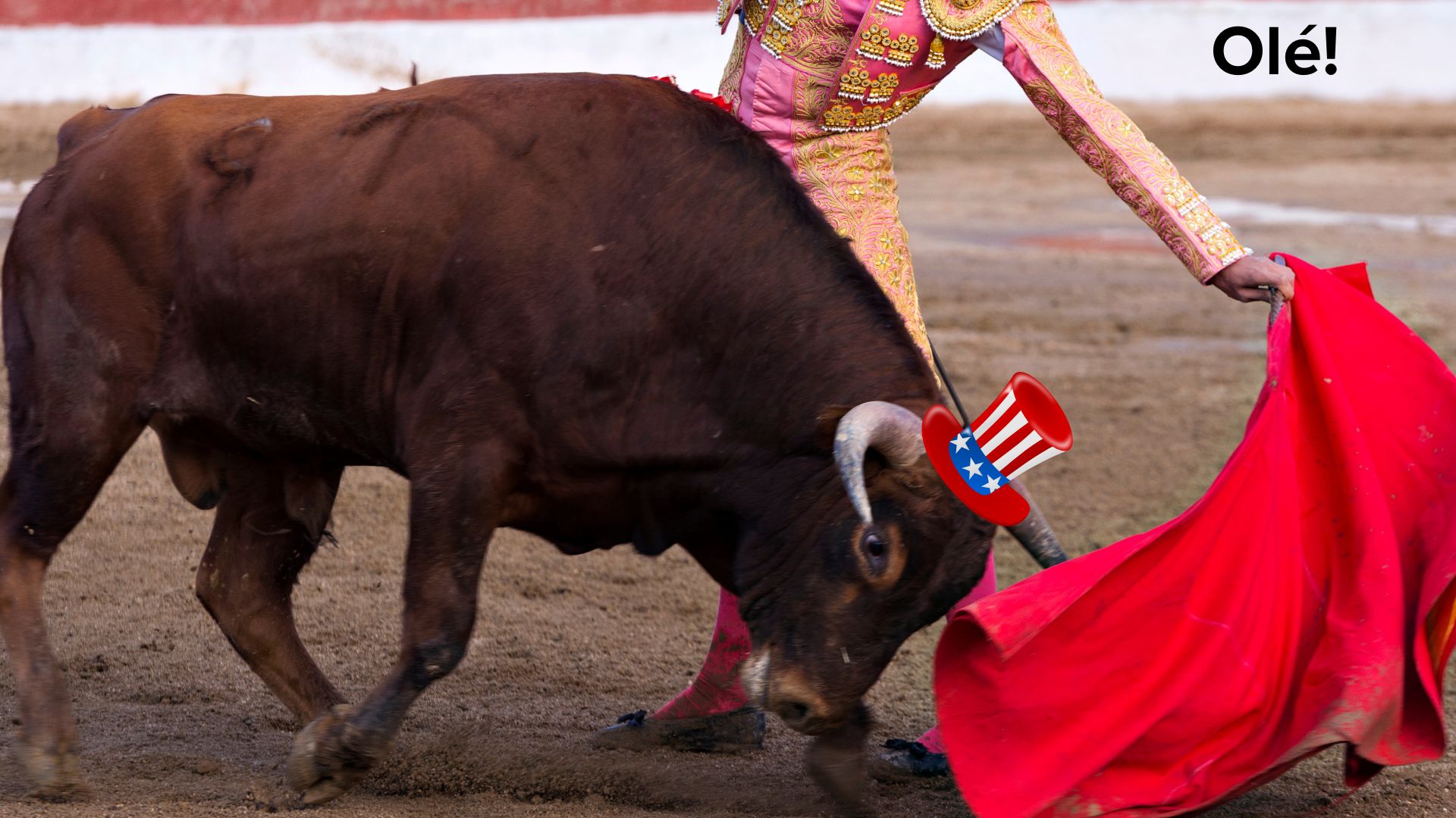 A bull charging past a bullfighter wearing a red, white, and blue hat like Uncle Sam. Black text toward the top says 'Olé!'