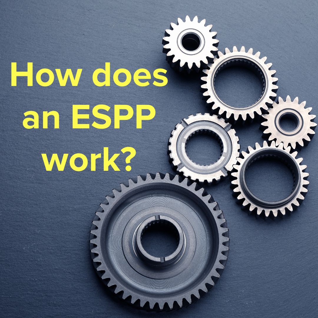 Title: 'How does an ESPP work?' in yellow font. Six different size and style gears interlock. They rest on a dark gray background.