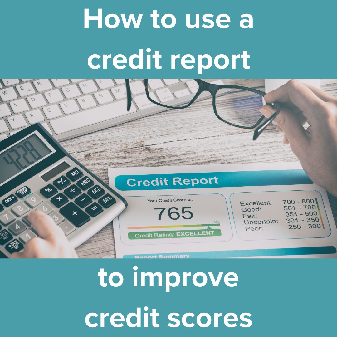 Title 'How to use a credit report' on top 'to improve credit scores' on bottom. In between is a photo of a person holding their glasses with their right hand and typing on a calculator with their left. In-between is a Credit Report. Blue background.