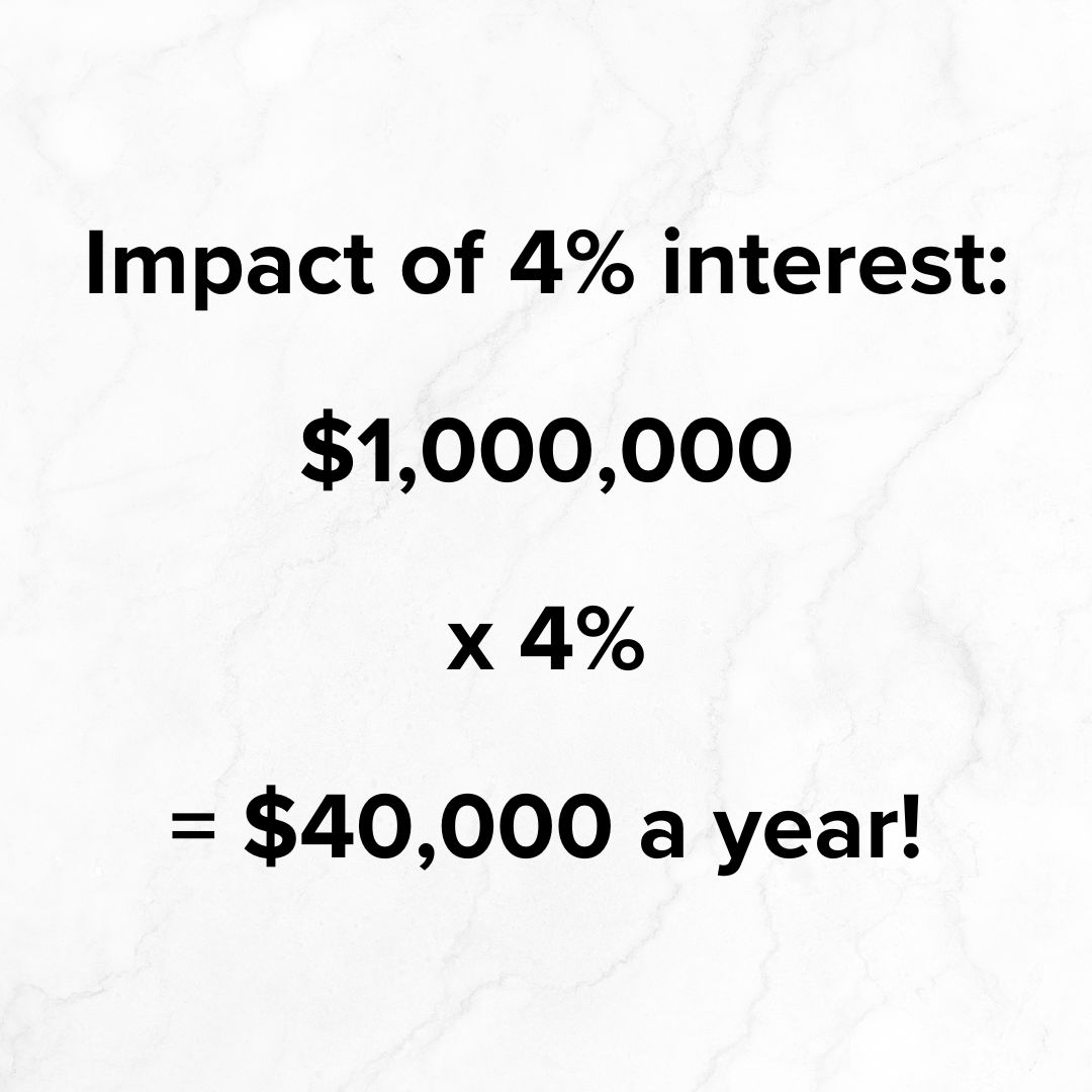 Title 'Impact of 4% interest' on top. Below it is '$1,000,000 x 4% = $40,000 a year!' The photo background is white marble.