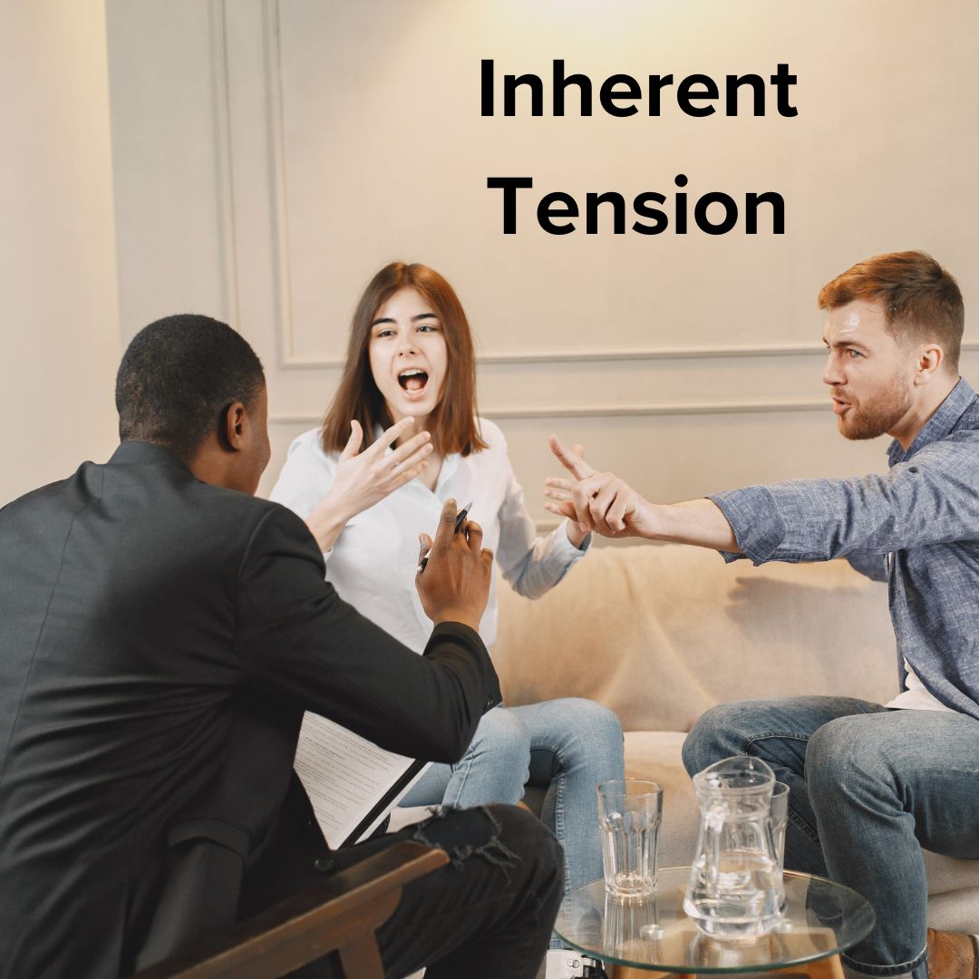 Photo of three professionals arguing playfully in what looks like a hotel conference room. 'Inherent Tension' is the title in black font on the upper-right.