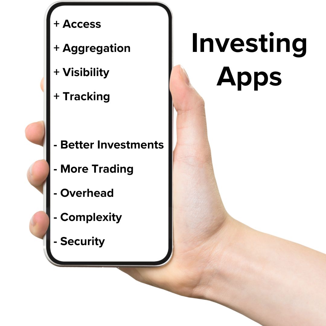 Title 'Investing Apps' on top. A photo of a hand holding a mobile phone. The screen has: + Access + Aggregation + Visibility + Tracking - Better Investments - More Trading - Overhead - Complexity - Security.