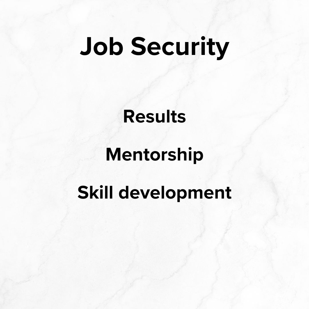 Title 'Job Security' on top. Below it is 'Results', 'Mentorship', and 'Skill development.' The background appears to be a marble wall.