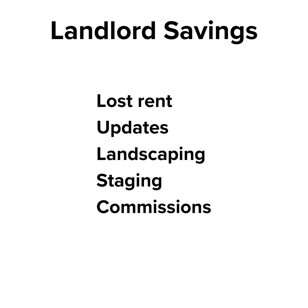 Title: 'Landlord Savings' on top. Below it is: 'Lost rent', 'Updates', 'Landscaping', 'Staging', and 'Commissions' in black text on a white background.