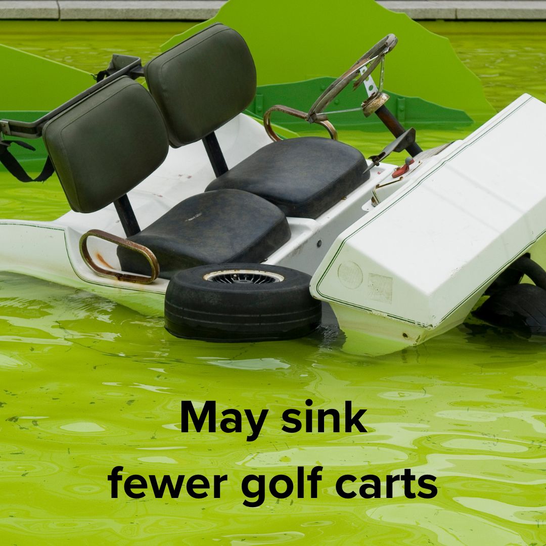 Title 'May sink fewer golf carts' at the bottom. The image is of a golf cart in the water with a floating wheel.
