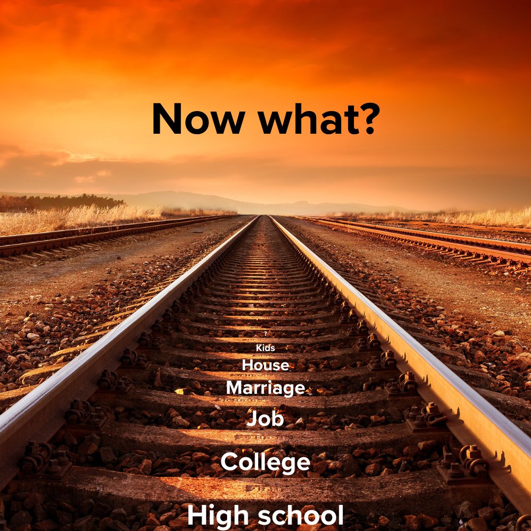 Title 'Now what?' in black on top. Photo of train tracks at sunset. In white between the railway ties in decreasing font are: 'High school, College, Job, Marriage, House, Kids, ?'