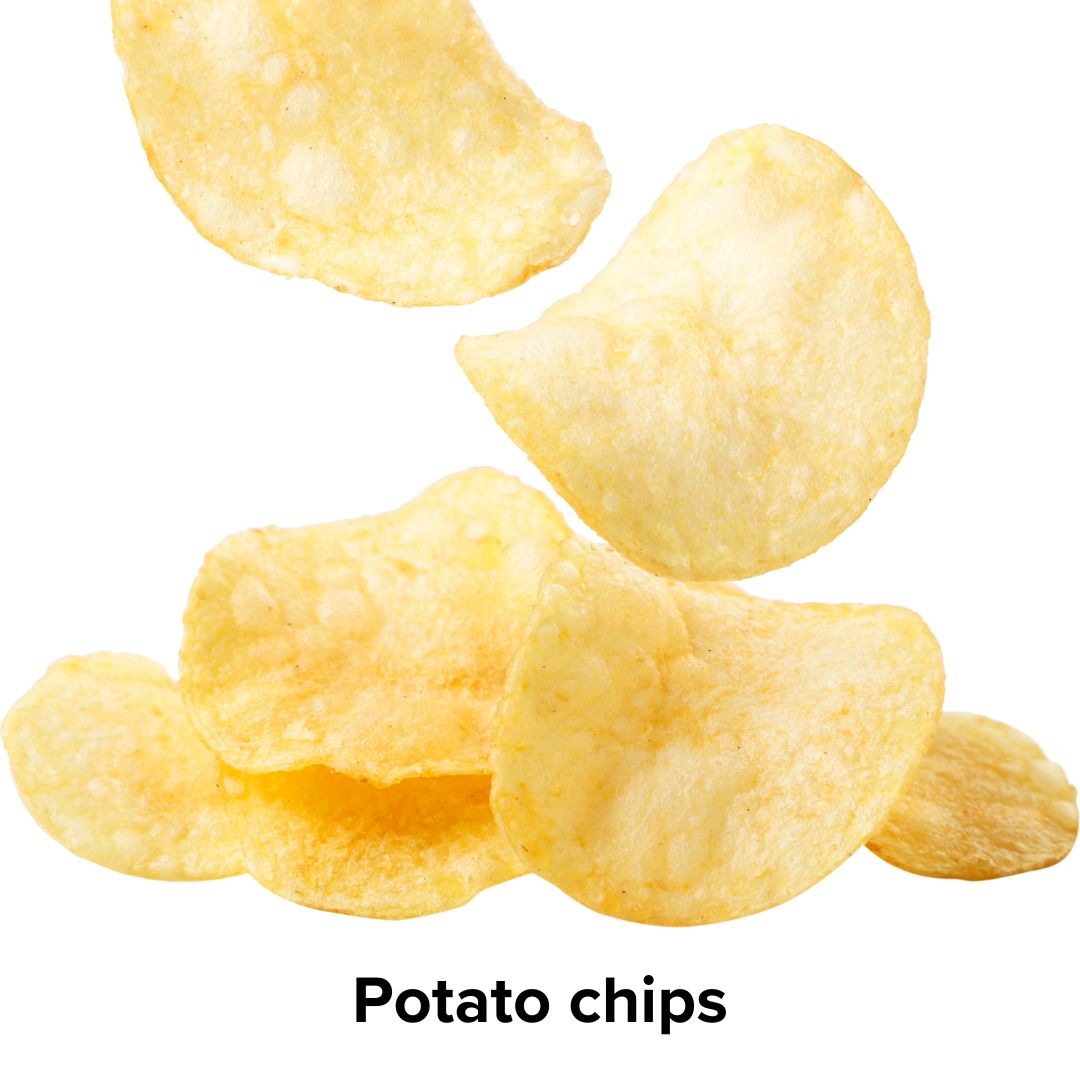 Title 'Potato chips' toward the bottom. The image is of several potato chips falling on a white background.
