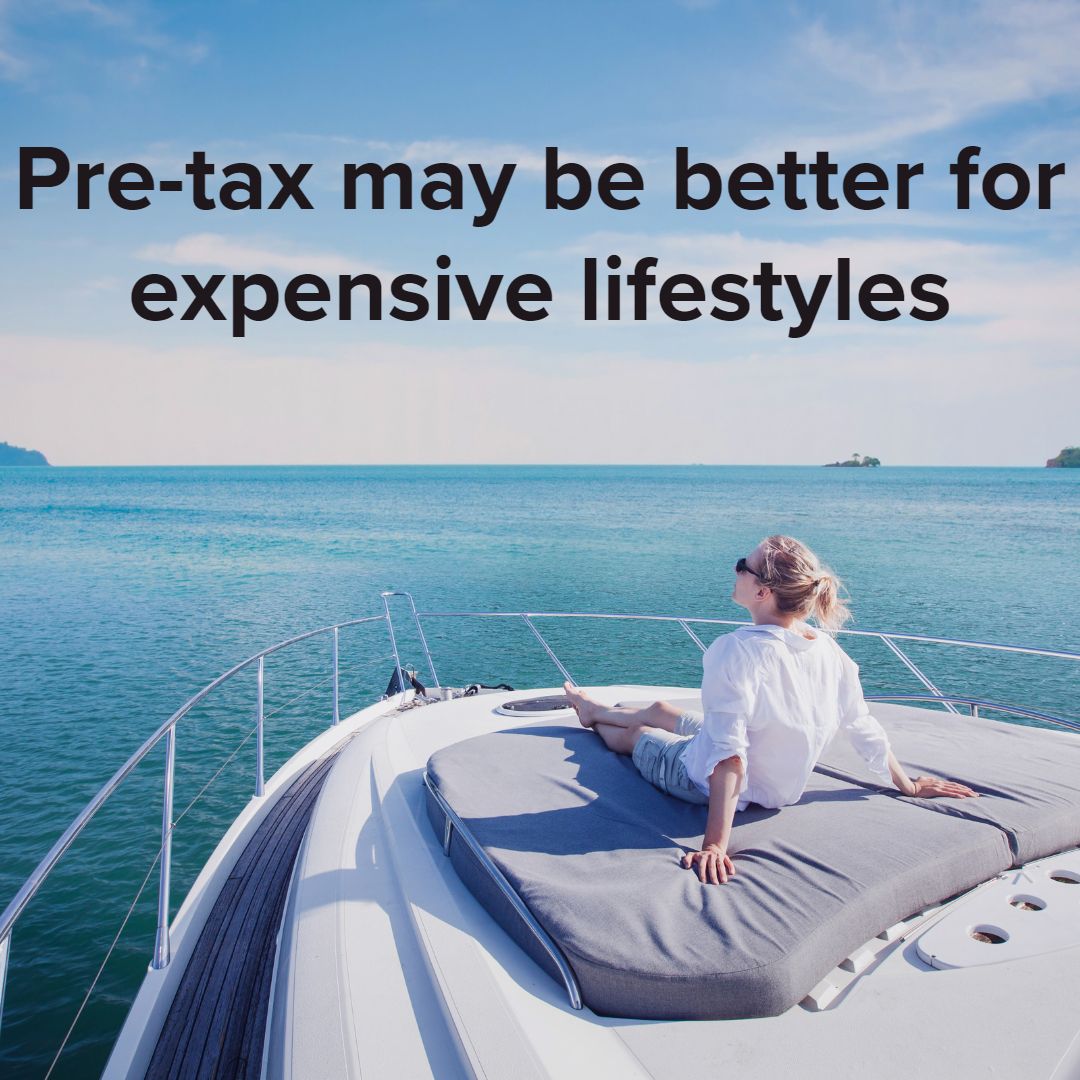 Title 'Pre-tax may be better for expensive lifestyles' in black on top. The image is of the front of a yacht facing a large body of water. A blonde woman with sunglasses looks into the distance.