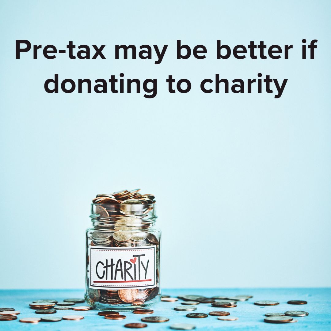 Title 'Pre-tax may be better if donating to charity' in black on top. A jar with coins in it is labeled 'CHARITY', which is full and rests on a table with other coins.