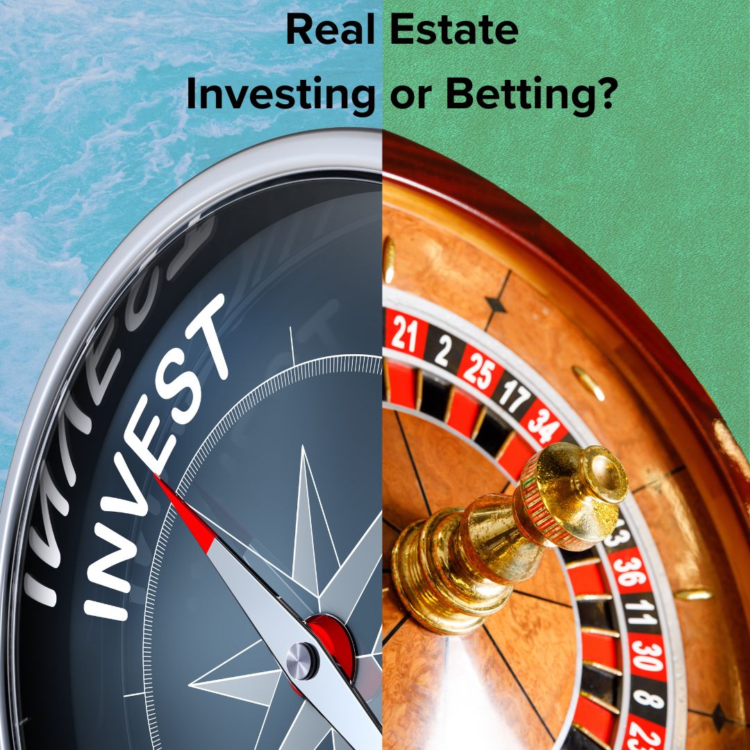 Title: 'Real Estate Investing or Betting?' It's a split image. The left has a boat compass pointing to INVEST with water in the background. The right has a roulette wheel with green felt in the background.