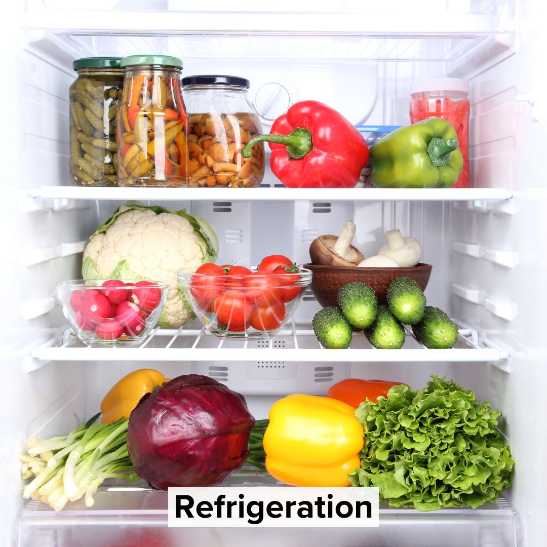 Title 'Refrigeration' in black surrounded by a lighter background toward the bottom. The image is of a refrigerator filled with vegetables.
