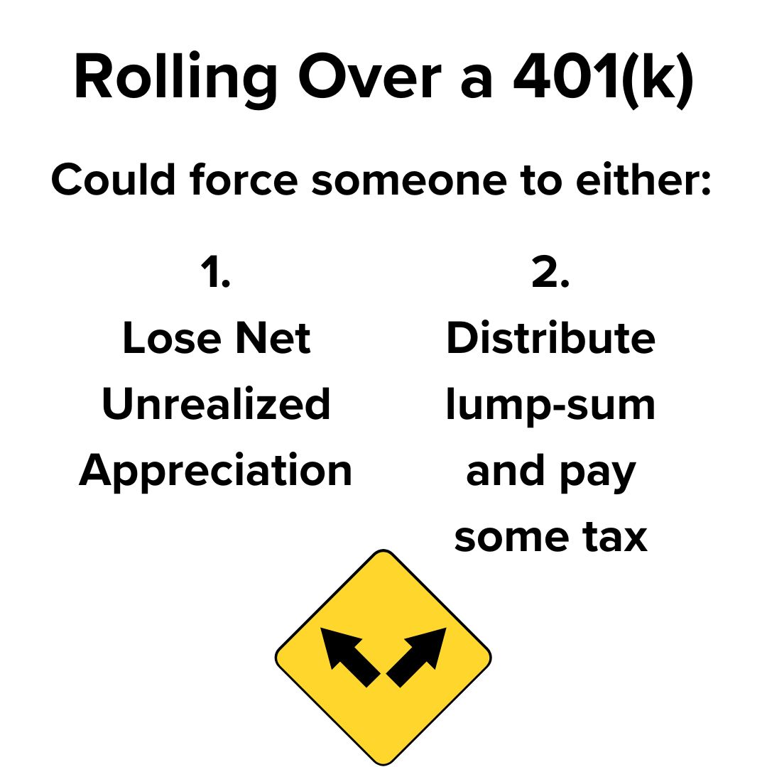 Title 'Rolling Over a 401(k)' on top. Below it is: Could force someone to either: 1. Lose Net Unrealized Appreciation or 2. Distribute lump-sum and pay som tax. Below that is a road sign with two arrows indicating a fork in the road.