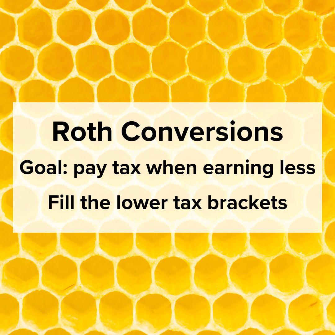 Title 'Roth Conversions' in the middle of the page. Additional text includes: 'Goal: pay tax when earning less' and 'Fill the lower tax brackets' The image is a close-up of a honeycomb.