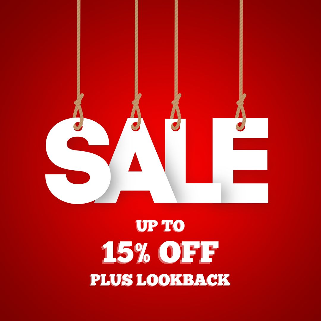 White SALE letters are individually hung from the ceiling. Text below it reads 'UP TO' in smaller font, '15% OFF' in larger font, and 'PLUS LOOKBACK' in smaller font. All text is white on a red background.
