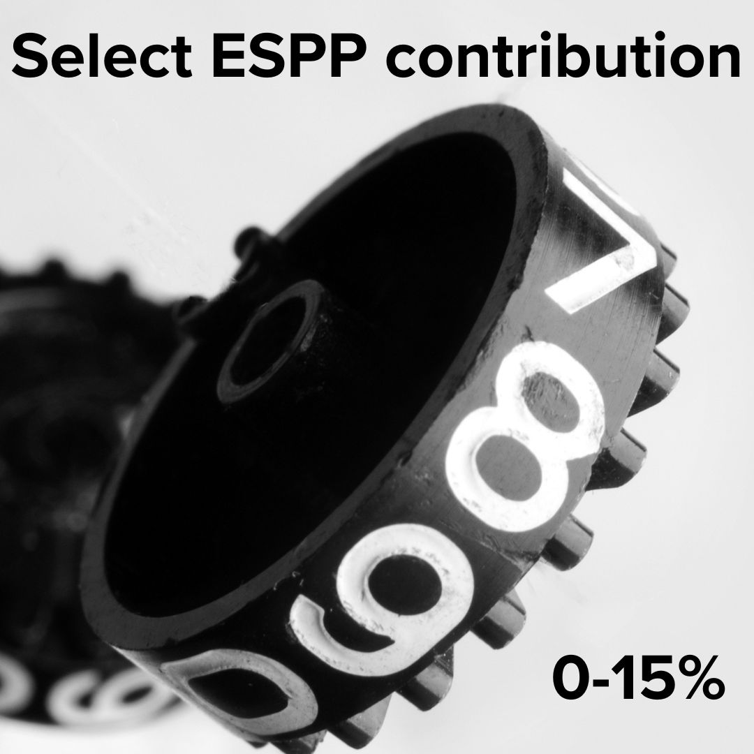 Title 'Select ESPP contribution' in black font. Two black gears with white numbers dominate the image in front of a gray background. 10-15% is written in the lower-right in the same size and font as the title.