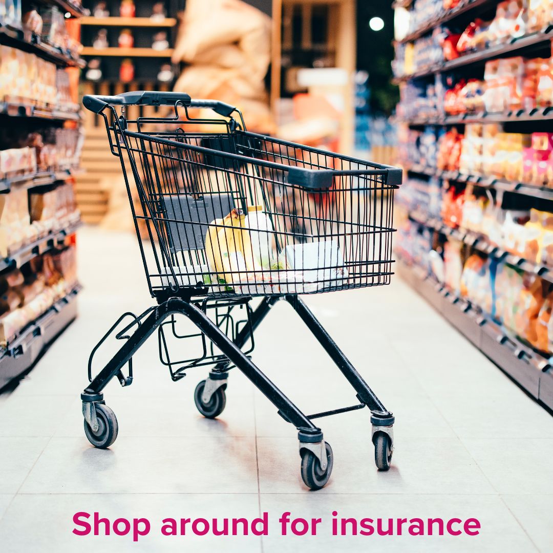 A single shopping cart in a grocery store aisle. A pink caption below it says 'Shop around for insurance'