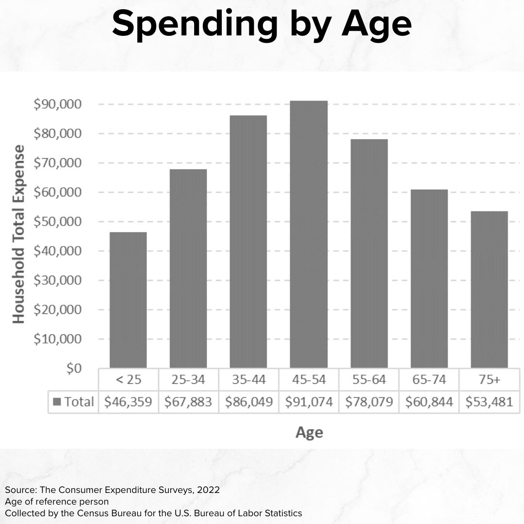 Title 'Spending by Age' on top. The graph below it is a vertical bar graph with Age on the x-axis and Household Total Expense on the y-axis. Spending rose from $46,359 for < age 25 to $91,074 for ages 45-54. It then fell to $53,481 for age 75+.