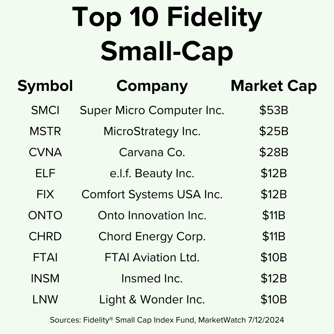 Title 'Top 10 Fidelity Small-Cap' on top. The table includes the symbol, name, and market cap for ten companies. Included are Super Micro Computer, MicroStrategy, and Carvana.