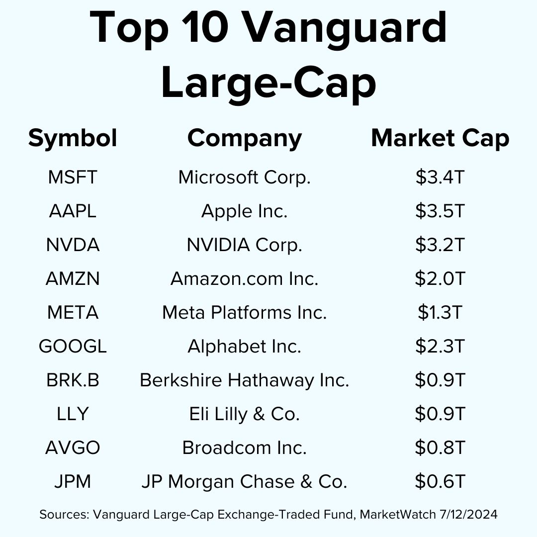 Title 'Top 10 Vanguard Large-Cap' on top. The table includes the symbol, name, and market cap for ten companies. Included are Microsoft, Apple, and NVIDIA.
