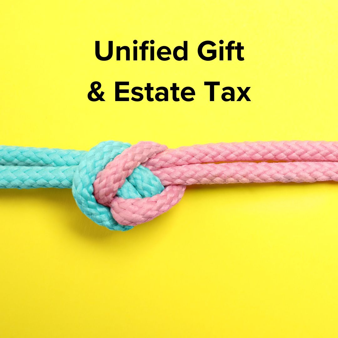 Two ropes tied in a knot, one pink and one blue, against a yellow background with the text 'Unified Gift & Estate Tax.'