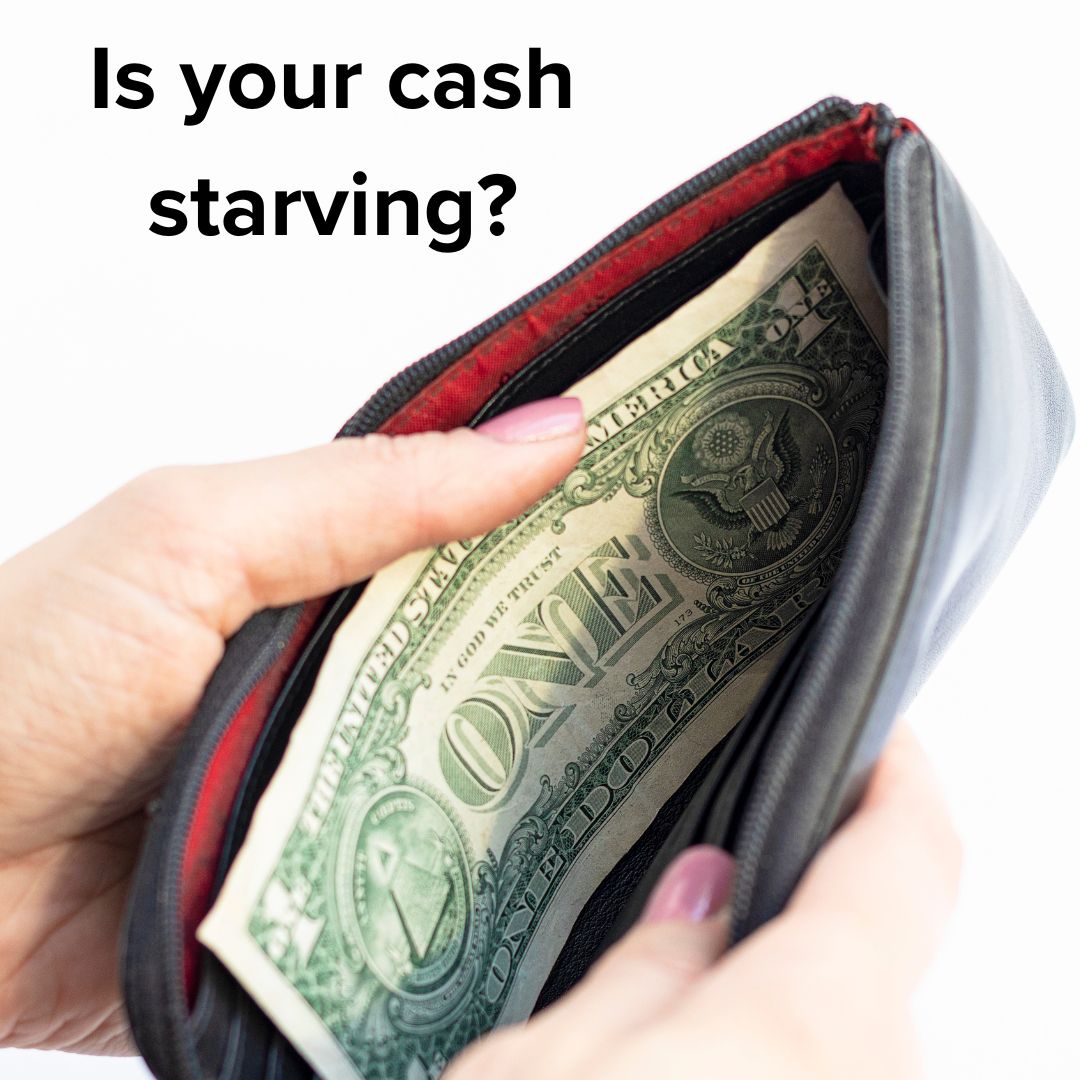 Title: 'Is your cash starving?' on top. The background image is of someone holding open a wallet with a single dollar bill.