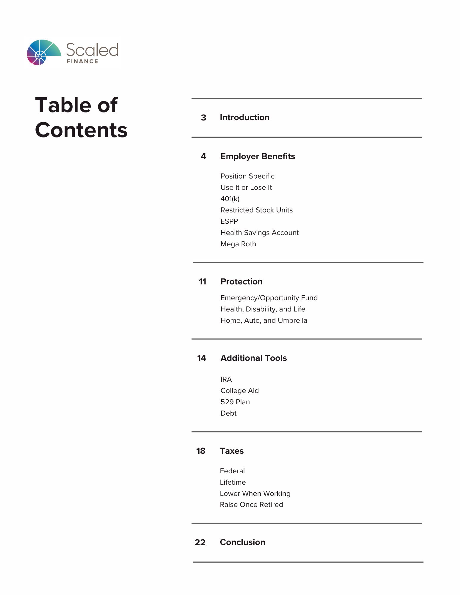 Title: 'Table of Contents' on the left. Above it is the colorful Scaled Finance logo. To the right of it is a table of contents with Introduction, Employer Benefits, Protection, Additional Tools, and Taxes - each with page numbers.
