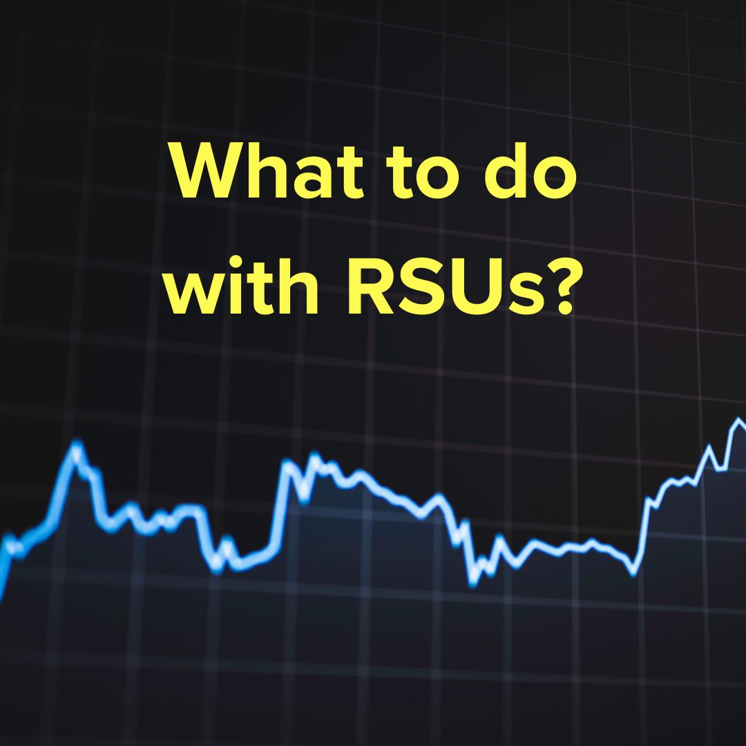 Title: 'What to do with RSUs?'' in yellow on top. The background is of a stock price in neon blue on a faint grid against a black background.